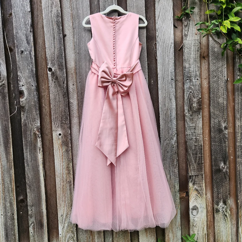 David's Bridal Satin Flower Girl Dress with Tulle Skirt - Ballet - Girls Size 8 - Picture 4 of 11